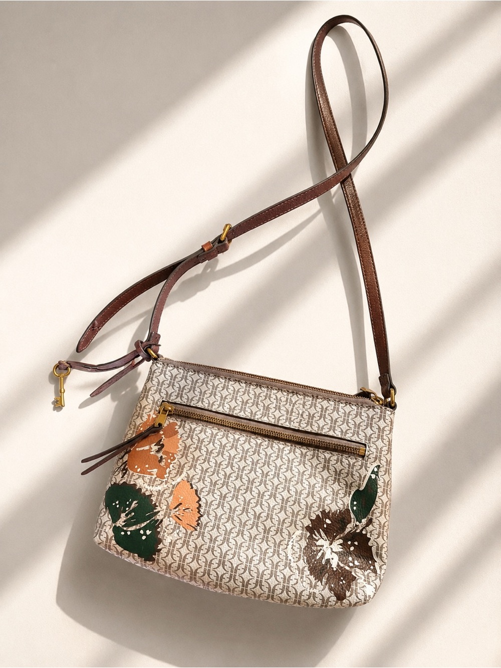 Fossil Beige Floral Crossbody with Brown Strap and Orange Accents